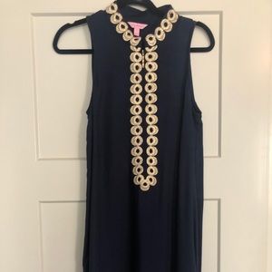 Navy knee length shift dress w/ gold embellishment